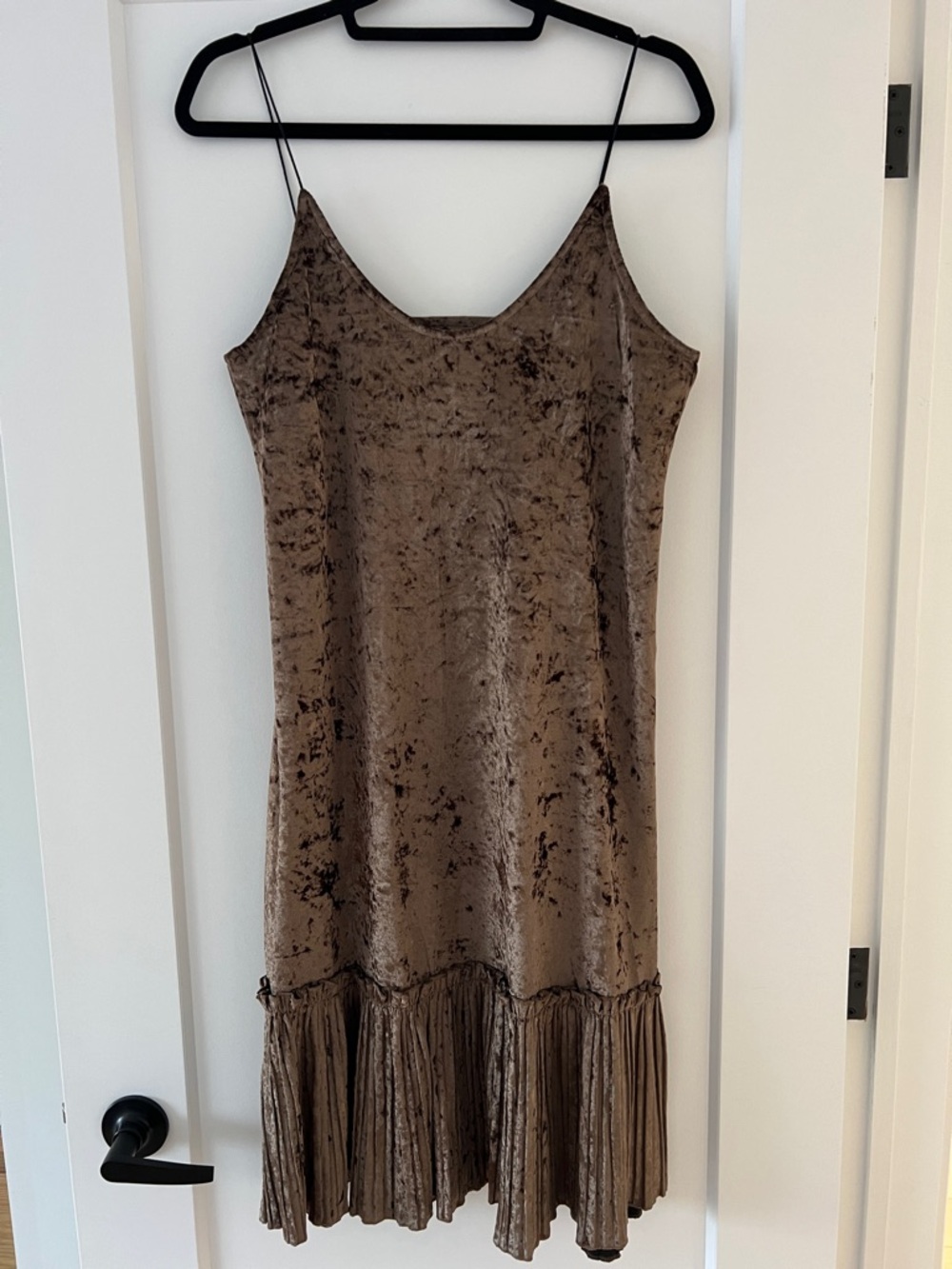 Velvet Slip Dress with Pleated Hem - Brown